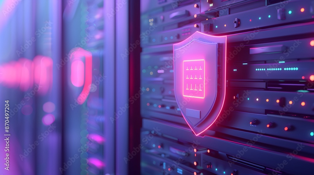 Poster cybersecurity server network with glowing shield icon, representing data protection and secure digit