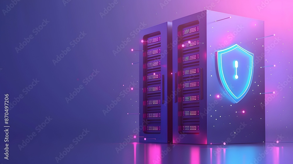 Poster cybersecurity server room with glowing shield icon representing data protection and network security