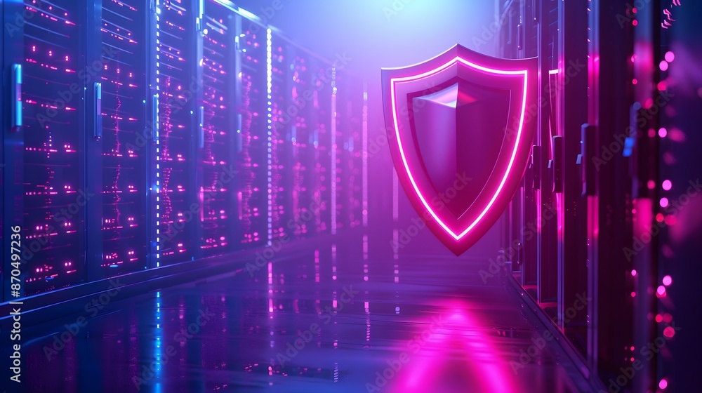 Poster cybersecurity shield glowing in a futuristic server room, representing data protection and internet 