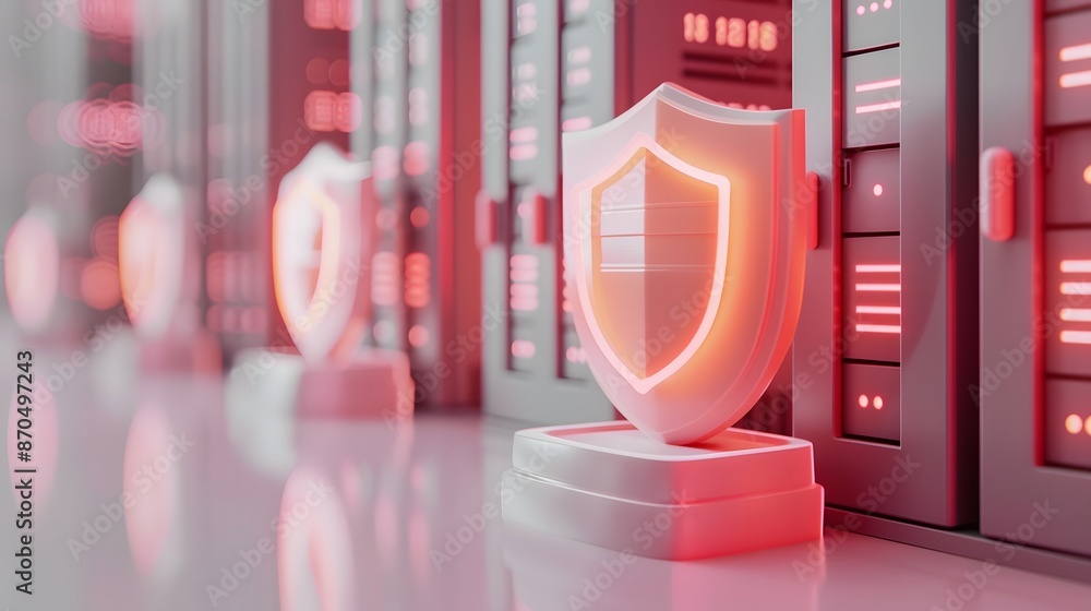 Poster cybersecurity shield in front of server racks, symbolizing protection and data security in modern te