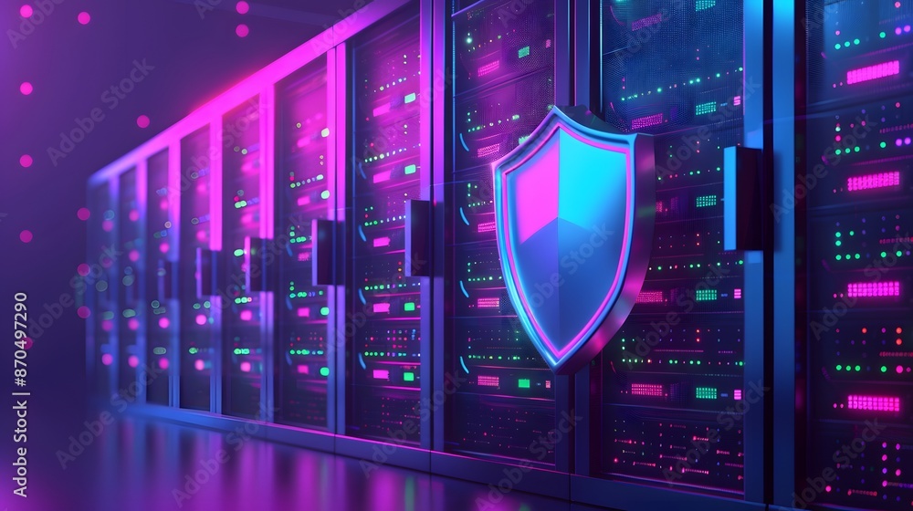 Poster cybersecurity shield protecting data servers in a data center. secure server room glowing with blue 