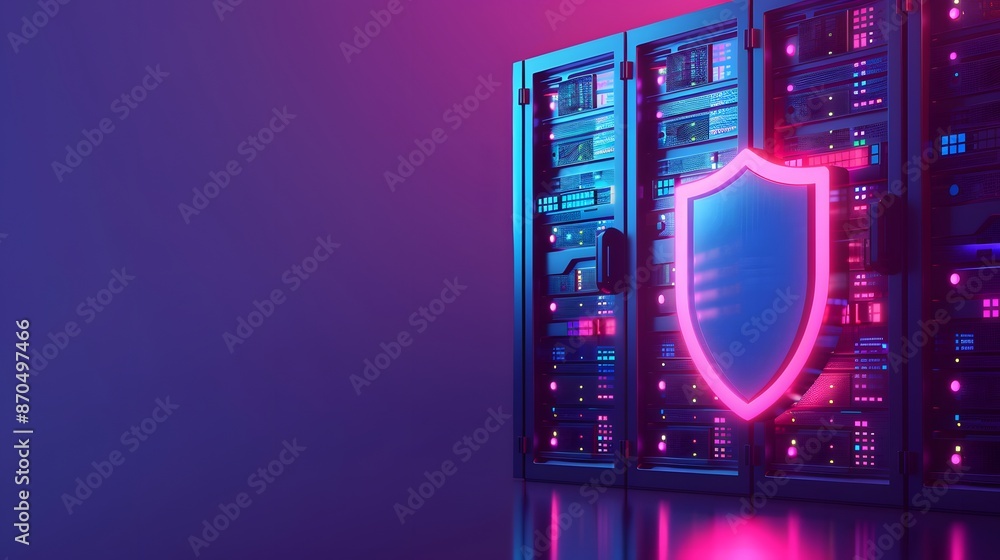 Poster data center server racks with neon shield. concept of cybersecurity and data protection in a modern 