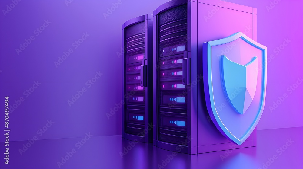 Poster data security concept with server racks and shield illustration. digital protection and cybersecurit