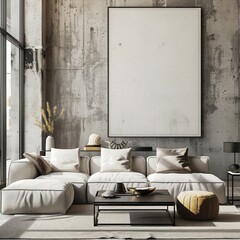 Architectural living space featuring a large empty picture frame, designed in modern style with a color palette of black, white, and ochre