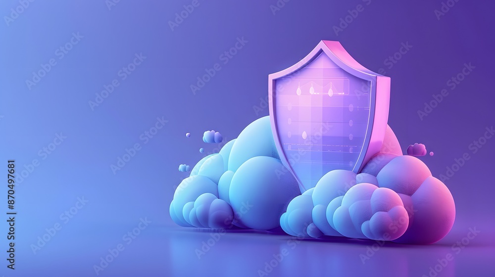 Poster digital security shield with a cloudy background representing cloud computing and internet safety on