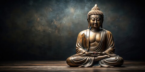 Statue of Buddha doing yoga in serene pose against dark background, meditation, spirituality, enlightenment, peaceful