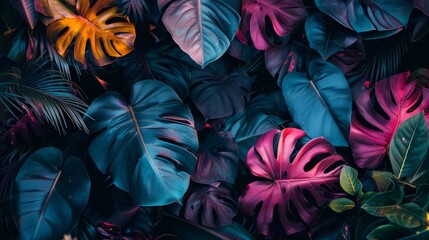 Abstract background of leaves in blue and red colors. abstract natural jungle plants background