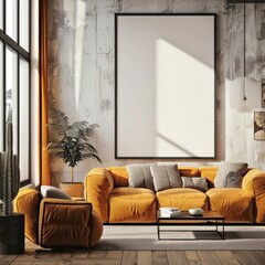 Modern living room with a large empty picture frame on the wall, showcasing architectural elegance in black, white, and ochre tones