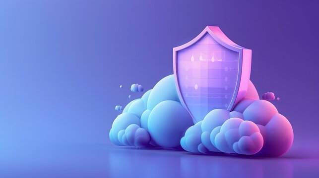 Digital security shield with a cloudy background representing cloud computing and internet safety on a blue and purple gradient backdrop.