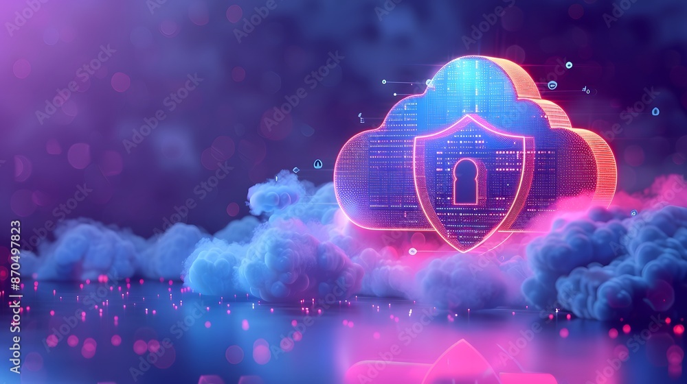 Aufkleber digital cloud security concept with a neon shield and cloud icon, symbolizing cybersecurity and data