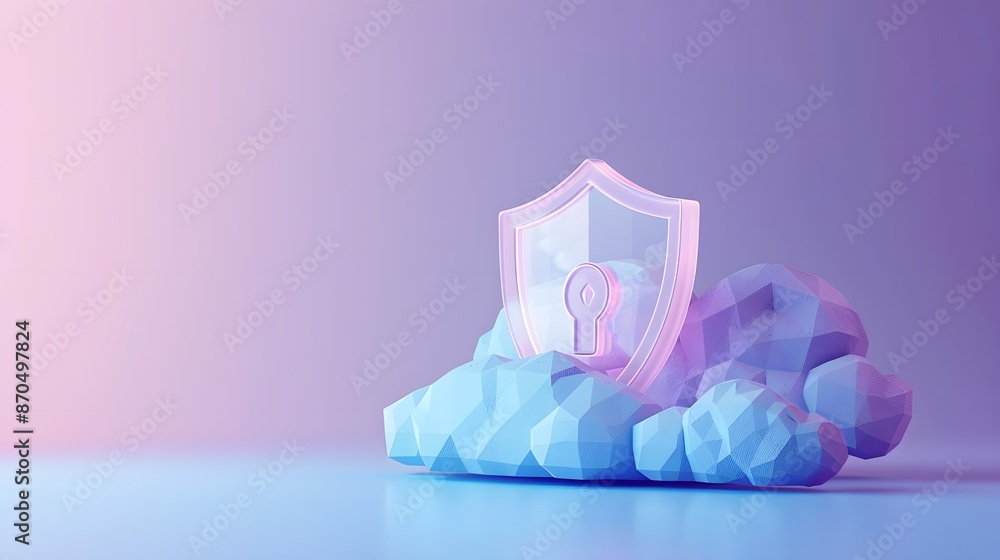 Poster digital cloud security concept with a shield and lock icon, representing data protection and cyberse