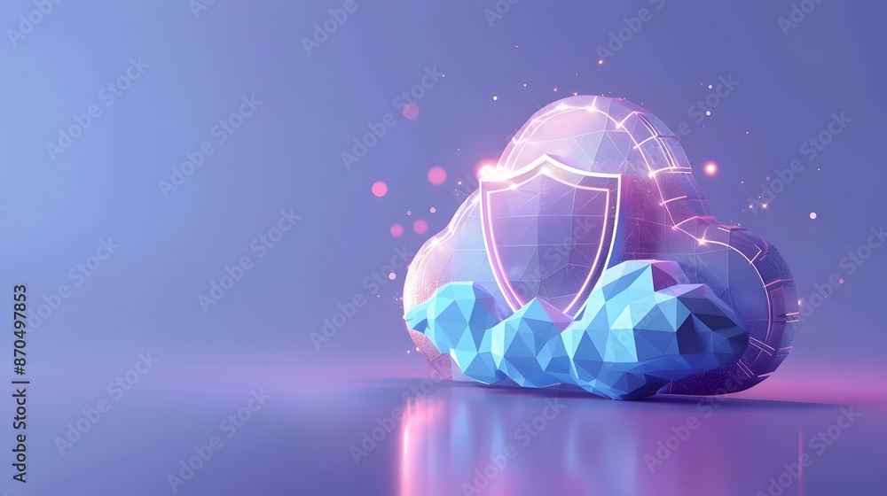 Poster digital cloud security concept with futuristic shield, low poly clouds, and glowing elements symboli