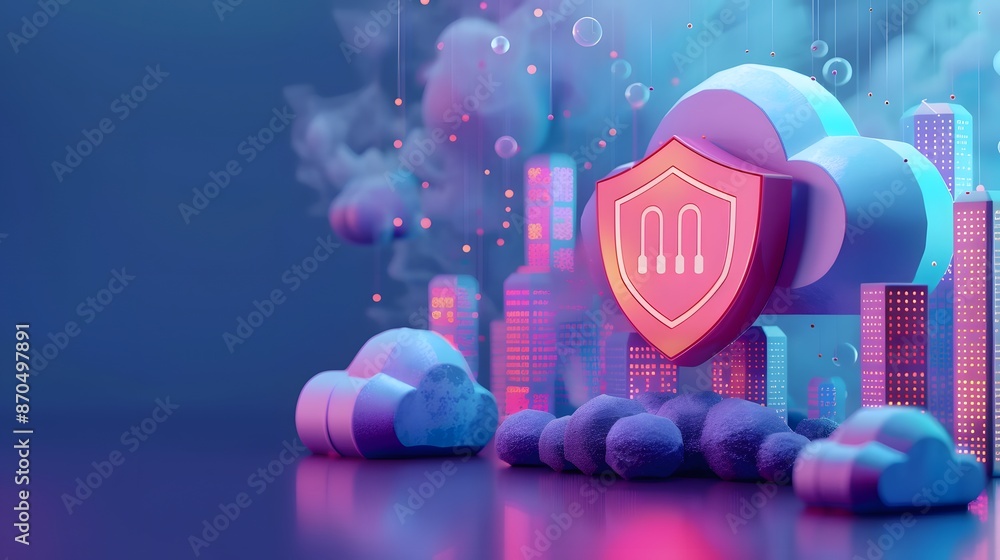 Poster digital cloud security concept with shield, data protection in a futuristic city with tech visuals a