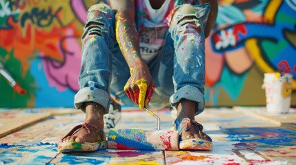 Obraz premium Urban artist creating vibrant street art with colorful graffiti