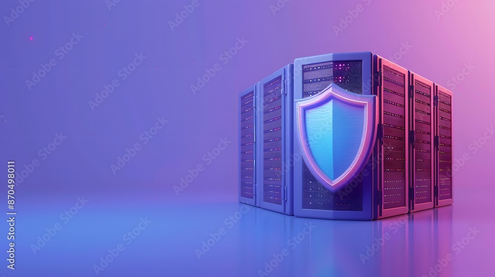 Poster digital illustration of a secure server with a shield icon representing cybersecurity and data prote