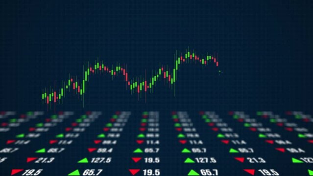 Online exchange trading. Forex currency trading on a dark blue background. Stock market candlesticks or stock chart moving up and down. Online trading concept animation.