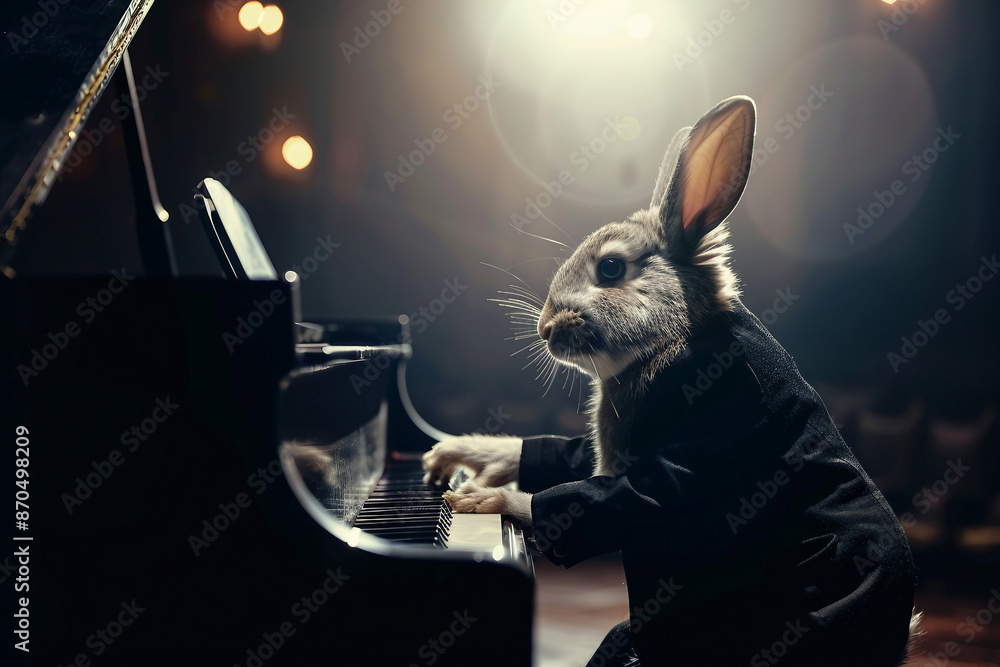 Poster created with generative ai image of rabbit animal playing piano on stage
