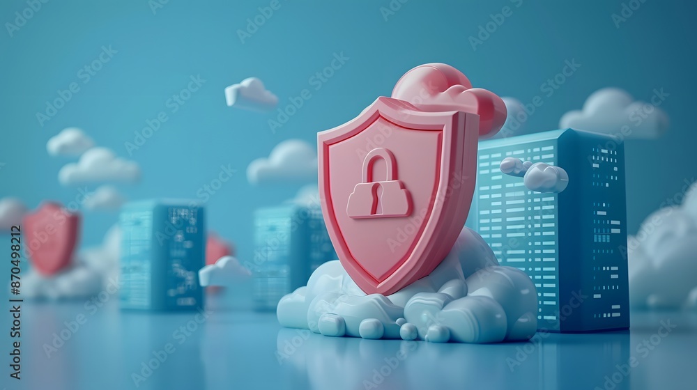 Poster digital security concept with a padlock shield surrounded by clouds and servers, illustrating data p