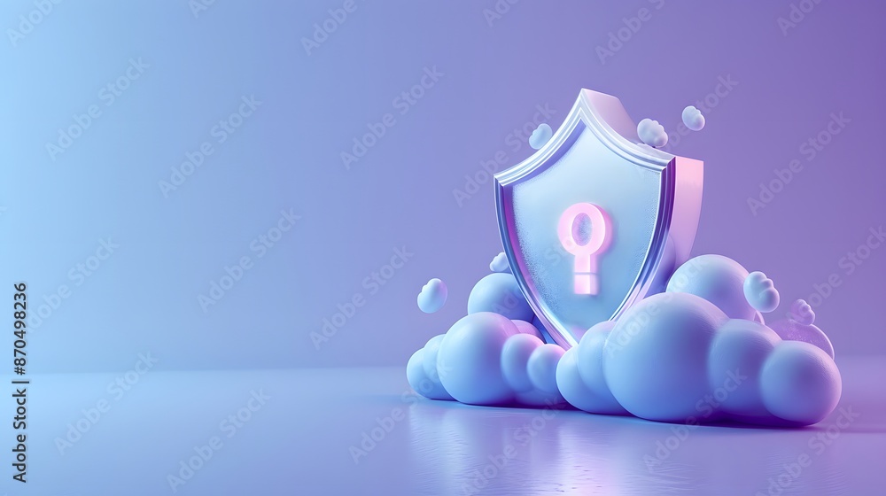 Poster digital security concept with a shield and key icon surrounded by clouds in a futuristic purple back