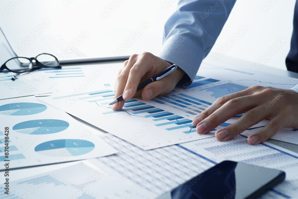 Poster manager developing business strategy and solution. consultant analyzing financial reports.