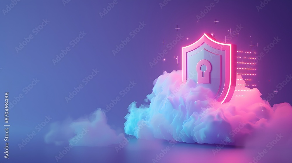 Poster digital security shield with a lock icon emerging from a cloud, symbolizing cloud security and data 
