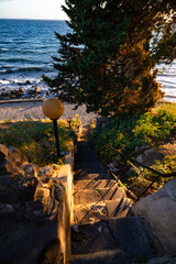 Beautiful colors of the sky at sunset over the sea in Nessebar, Bulgaria between trees in the sea green.