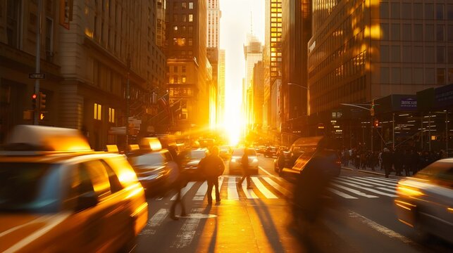 Sunset in urban city, people in rush walking, traveling, crossing street with cars and transportation vehicles at golden hour, busy traffic, warm tones of cityscape with skyscrapers.
