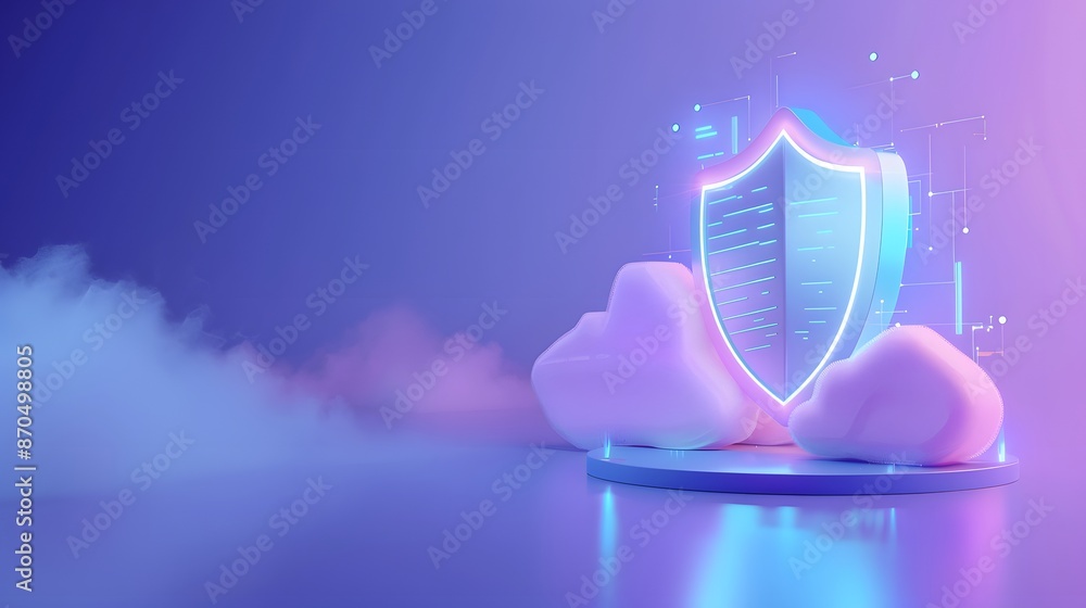 Poster Digital shield with cloud storage and server security concept. Futuristic neon colors representing data protection and cybersecurity solutions.
