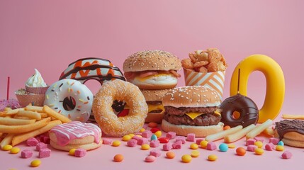 A close-up shot of various unhealthy foods, including donuts, burgers, french fries, and candy, arranged on a pink background