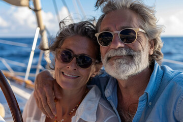 Happy family boat yacht shop cruise liner traveling through sea ocean teal water, Generative AI