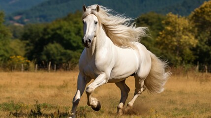Obraz premium Majestic white stallion gallops in vast green pasture, its mane a symbol of freedom
