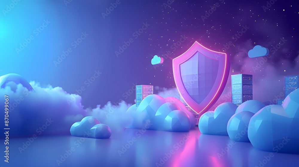 Poster futuristic 3d illustration of cloud computing security with a glowing shield icon, clouds, and digit