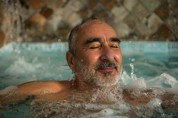 Happy people visiting bathhouse taking pleasure from hot water procedures spa center, Generative AI