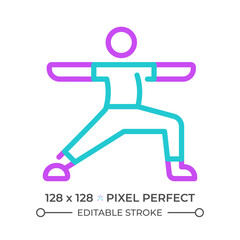 Yoga exercise two color line icon. Mindfulness practices. Warrior yoga pose. Meditation and relax bicolor outline symbol. Duotone linear pictogram. Isolated illustration. Editable stroke