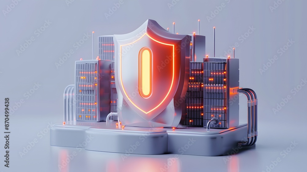 Poster futuristic cybersecurity concept with shield and server stacks. digital protection and data security