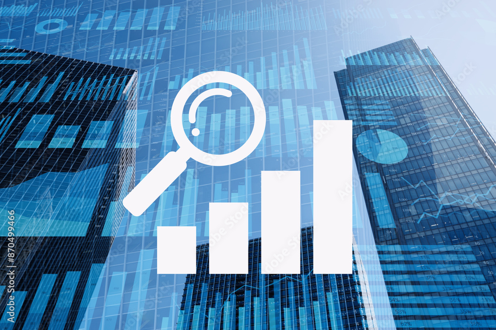 Poster Business analysis and financial analysis. Corporate data and marketing statistics. Many graphs and charts on background of tall buildings.