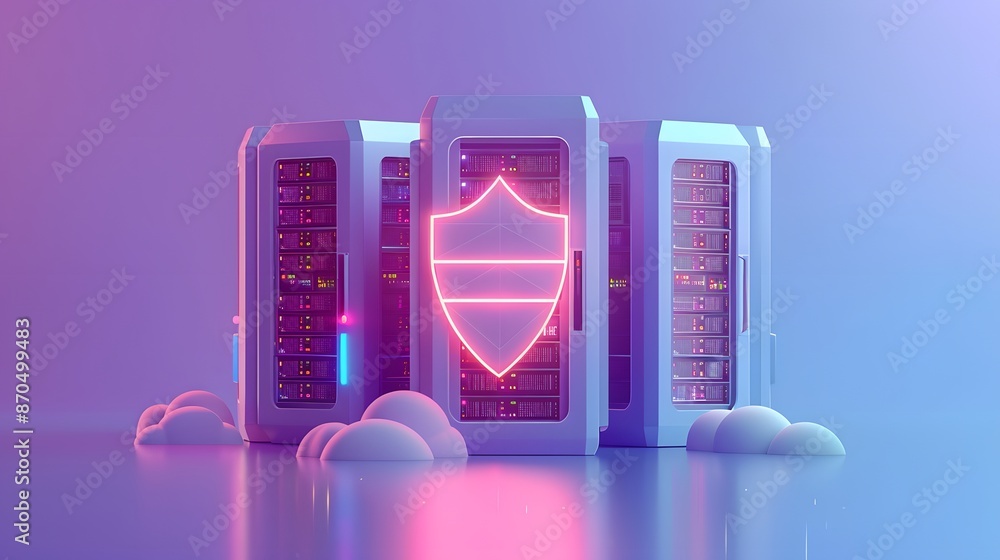 Poster futuristic data center server racks with a glowing shield representing cybersecurity, cloud computin