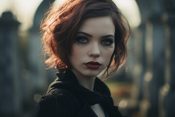 AI generated picture of beautiful young gothic woman at the cemetery on halloween night