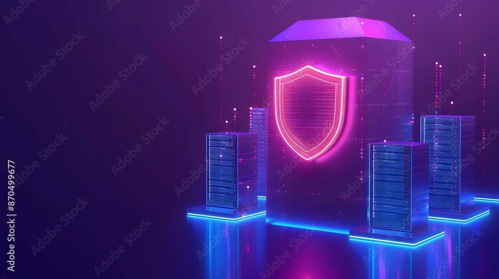Poster futuristic data security concept with glowing shield and server racks, representing cybersecurity an