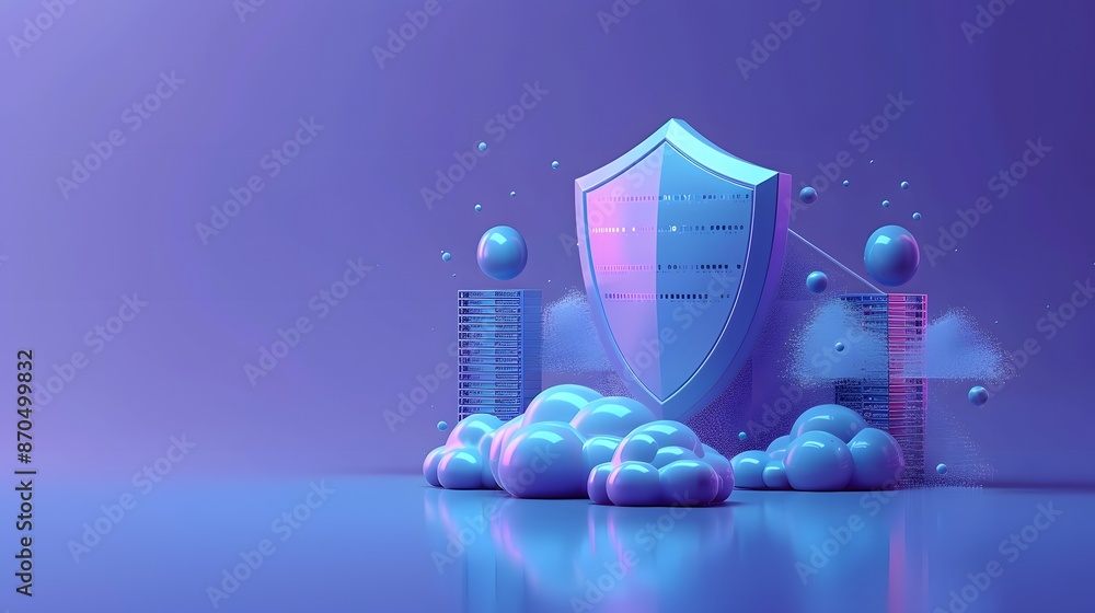 Poster futuristic digital cloud storage concept with shield symbolizing cybersecurity and data protection i