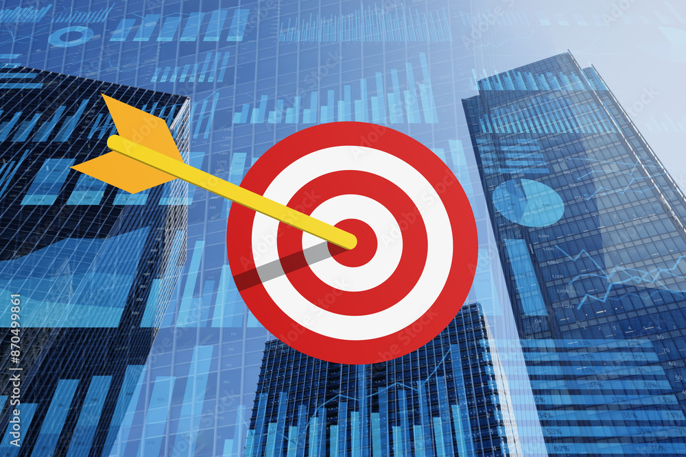 Poster achievement of business management target. financial and marketing goal. target and arrow icon on ba