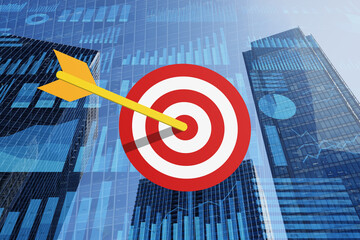 Achievement of business management target. Financial and marketing goal. Target and arrow icon on...