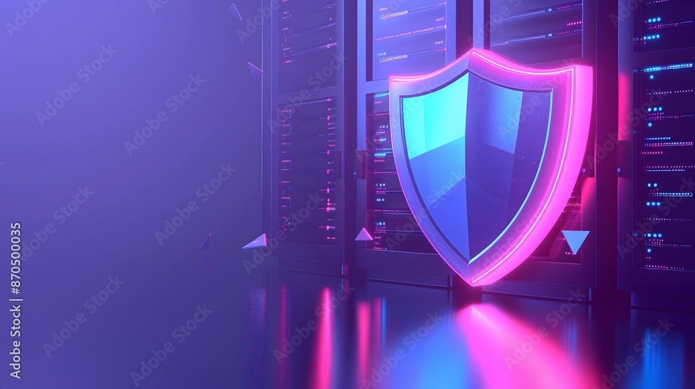 Poster futuristic digital shield protecting server data, symbolizing cybersecurity and data protection in a