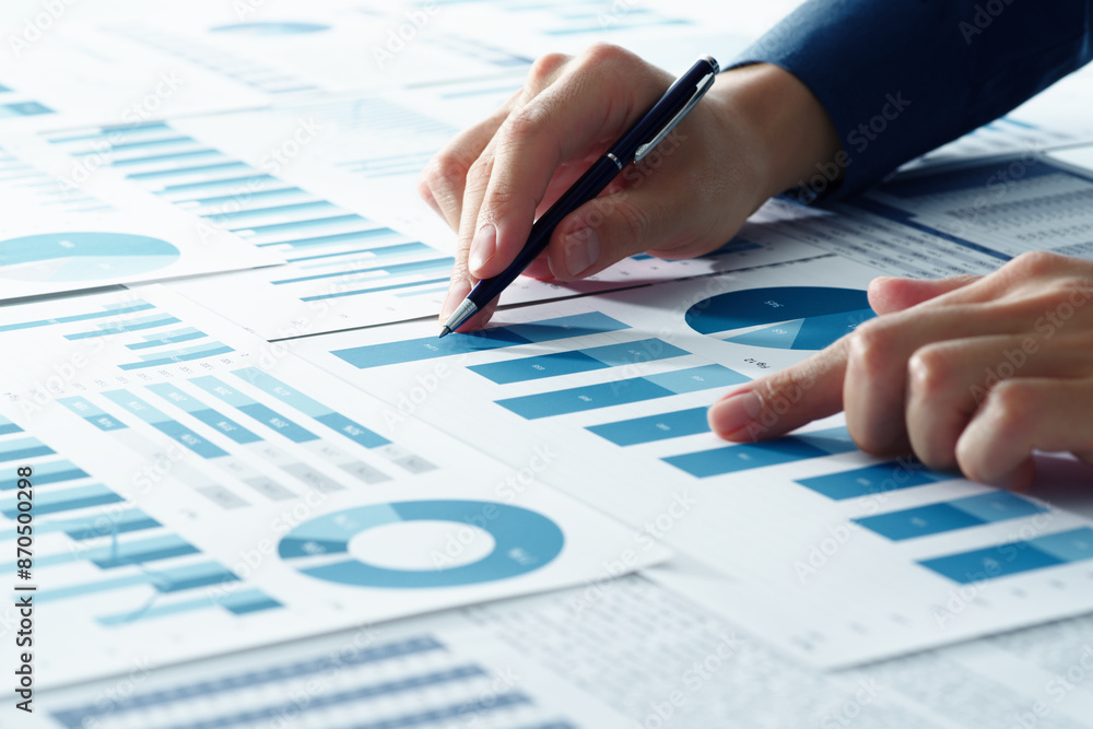 Aufkleber business analysis. consultant thinking of management strategy. closeup of analyst's hands pointing a