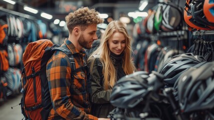 Fototapeta premium A young couple in a sports store chooses equipment for a new type of outdoor activity - hiking or cycling.