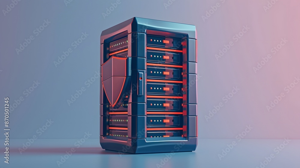 Poster futuristic server rack with digital shield protection, representing secure data storage and cybersec