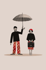 Trend artwork sketch collage of autumn season weather education study young man stand outdoors hold umbrella bad weather protect lady