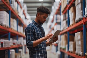 Focused man using a tablet to manage inventory in a large warehouse