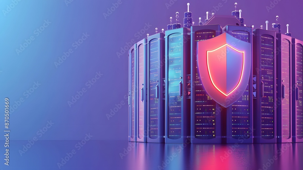 Poster futuristic server room with glowing shield symbol representing cybersecurity and data protection. ne