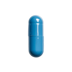 Close-up of a single blue capsule pill on a white background, highlighting its glossy surface and pharmaceutical relevance.
